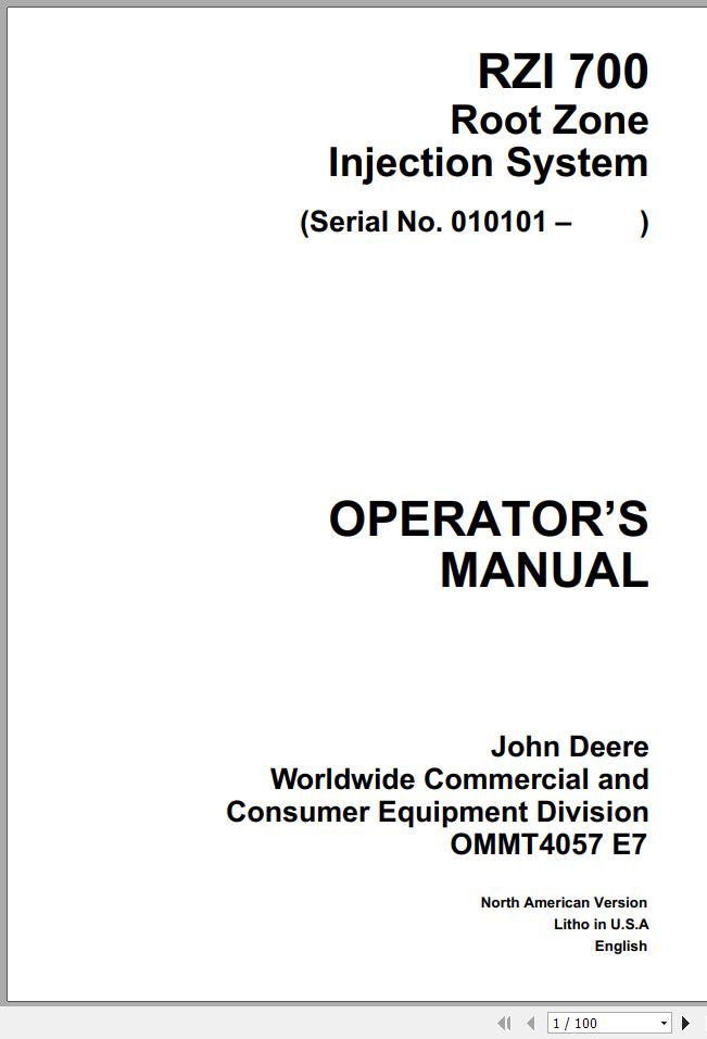 John Deere Root Zone Injection System RZI 700 Operators Manual OMMT4057 E7 1