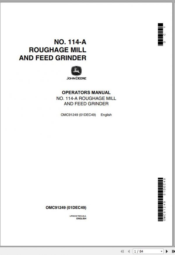 John Deere Roughage Mill Feed Grinder No 114 A Operators Manual OMC91249 1
