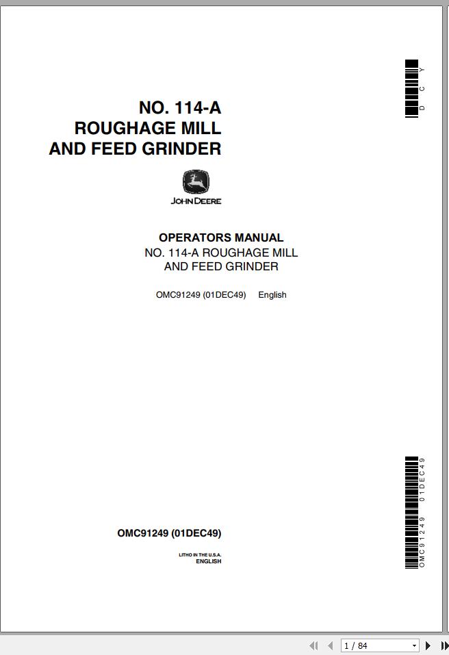 John Deere Roughage Mill Feed Grinder No 114 A Operators Manual OMC91249 1