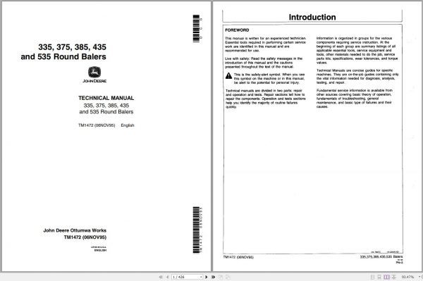 John Deere Round Balers 335 375 385 435 535 Technical Manual TM1472 1