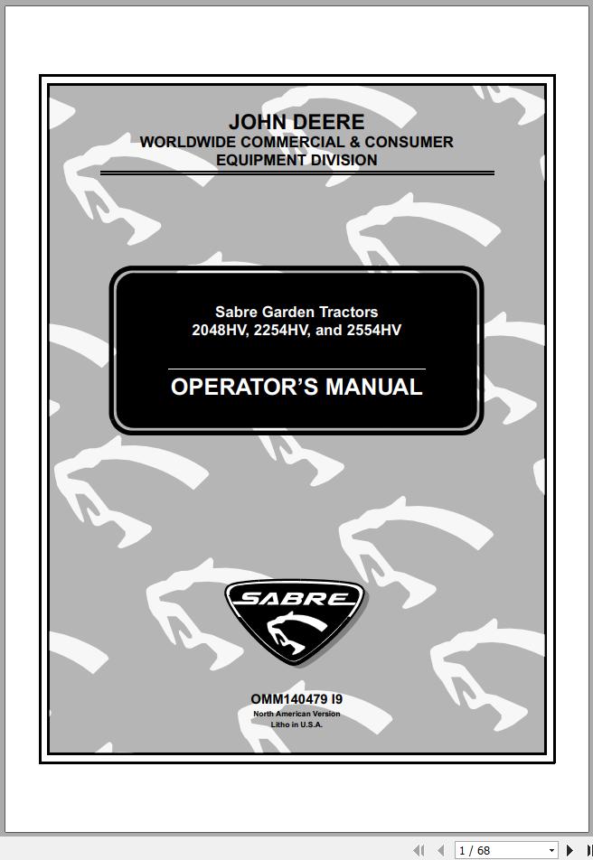 John Deere Sabre Garden Tractors 2048HV 2254HV 2554HV Operators Manual OMM140479 I9 1