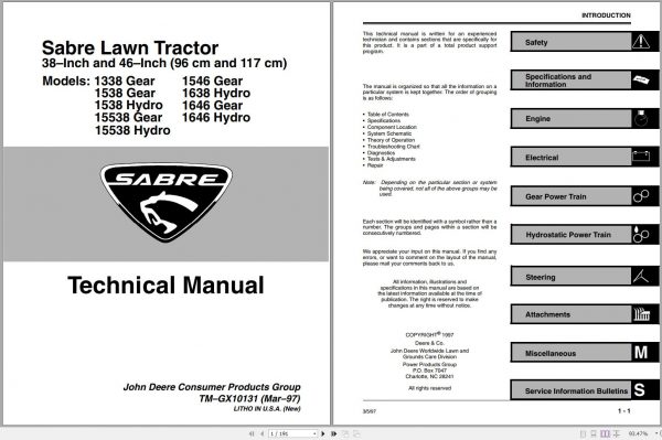 John Deere Sabre Lawn Tractor 1338 1646 Hydro Technical Manual TM GX10131 1
