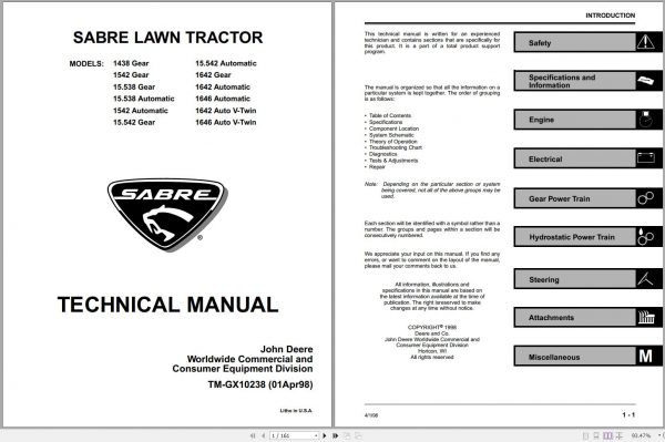 John Deere Sabre Lawn Tractor 1438 Gear 1646 Auto V Twin Technical Manual TM GX10238 1