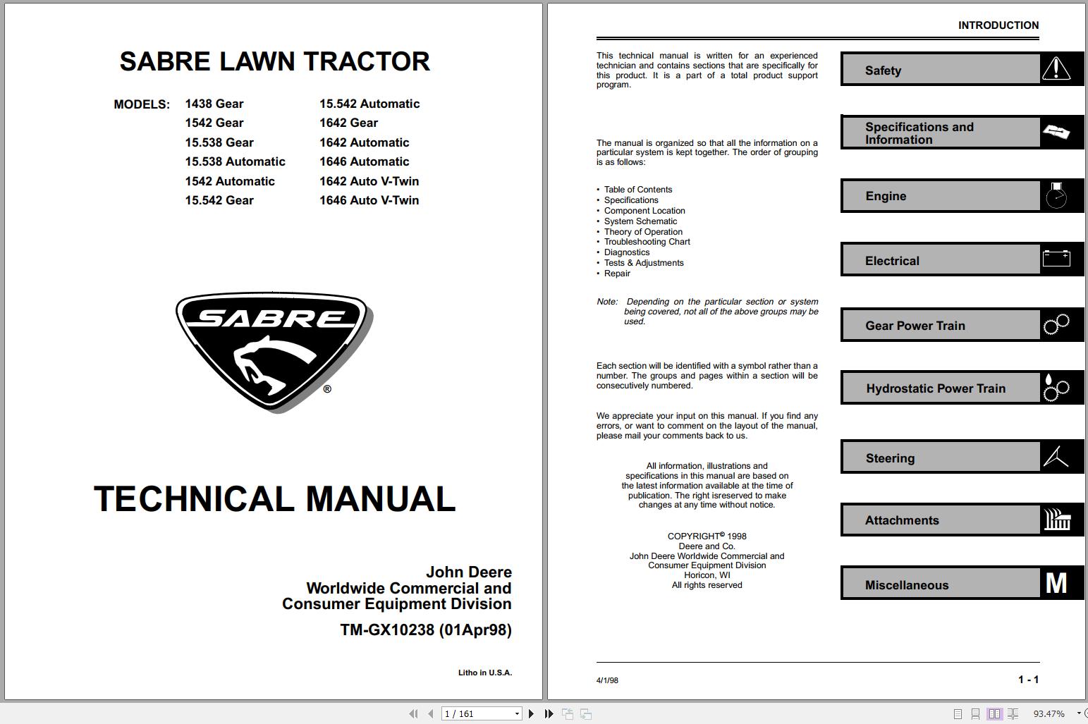John Deere Sabre Lawn Tractor 1438 Gear 1646 Auto V Twin Technical Manual TM GX10238 1