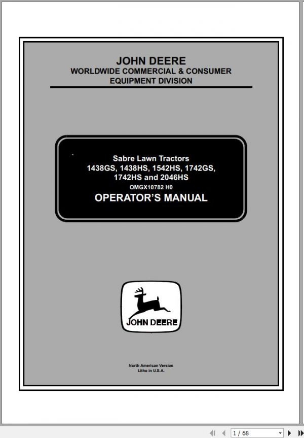 John Deere Sabre Lawn Tractors 1438GS 2046HS Operators Manual OMGX10782 H0 2000 1
