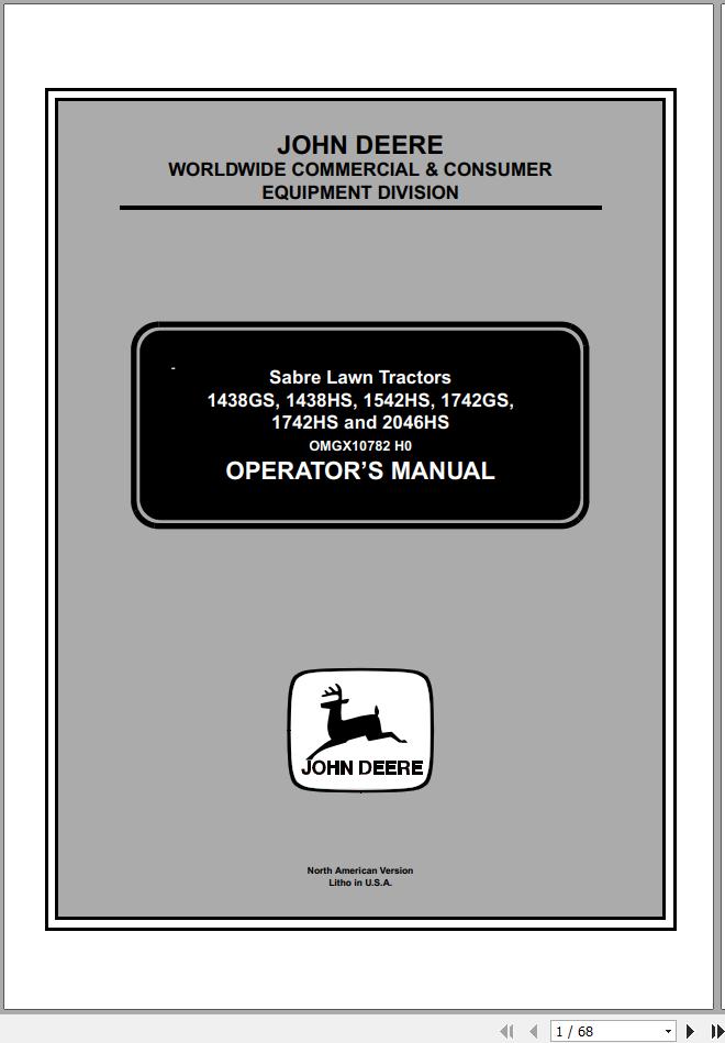 John Deere Sabre Lawn Tractors 1438GS 2046HS Operators Manual OMGX10782 H0 2000 1