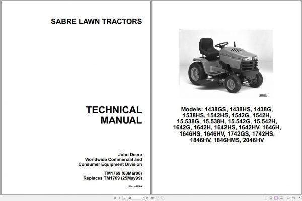 John Deere Sabre Lawn Tractors 1438GS 2046HV Technical Manual TM1769 1