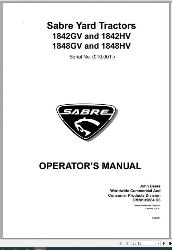 John Deere Sabre Lawn Tractors 1842GV 1848GV 1842HV 1848HV Operators Manual OMM135884 D8 1