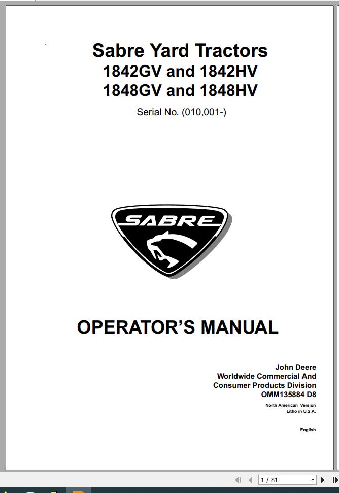 John Deere Sabre Lawn Tractors 1842GV 1848GV 1842HV 1848HV Operators Manual OMM135884 D8 1