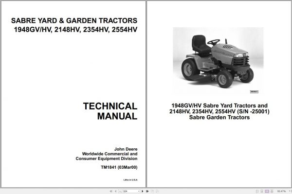 John Deere Sabre Yard Garden Tractors 1948GV 2148HV 2354HV 2554HV Technical Manual TM1841