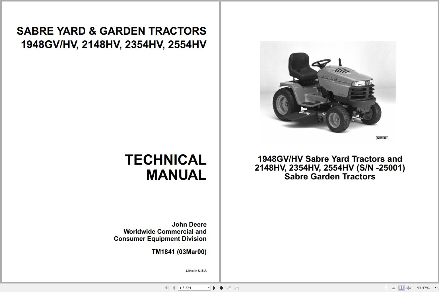 John Deere Sabre Yard Garden Tractors 1948GV 2148HV 2354HV 2554HV Technical Manual TM1841