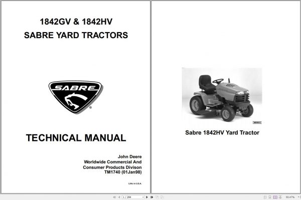 John Deere Sabre Yard Tractors 1842GV 1842HV Technical Manual TM1740 1