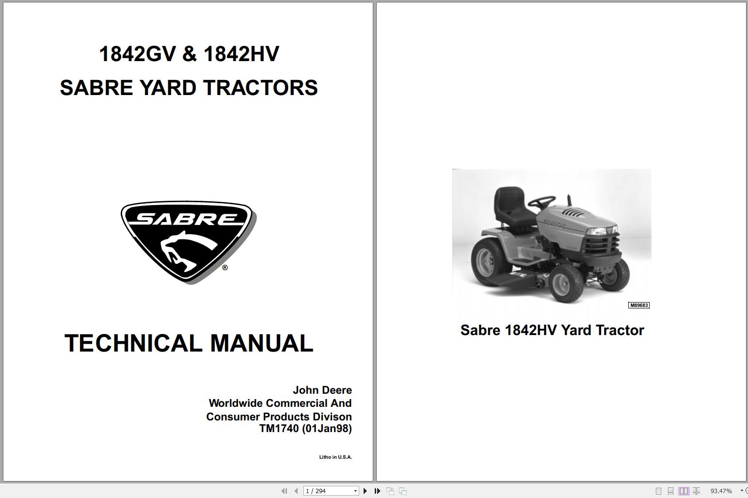 John Deere Sabre Yard Tractors 1842GV 1842HV Technical Manual TM1740 1