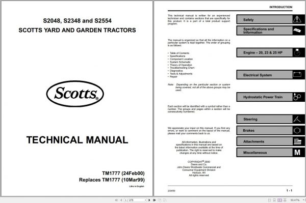 John Deere Scoot Yard Garden Tractors S2048 2348 S2554 Technical Manual TM1777 1