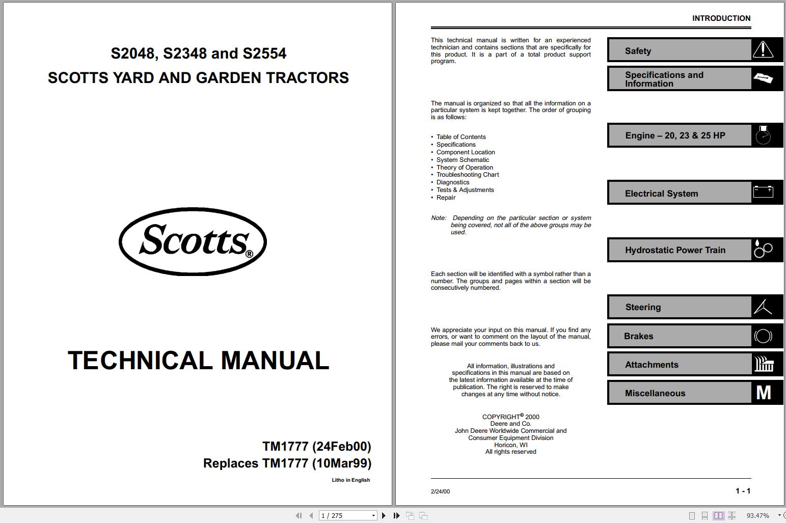 John Deere Scoot Yard Garden Tractors S2048 2348 S2554 Technical Manual TM1777 1