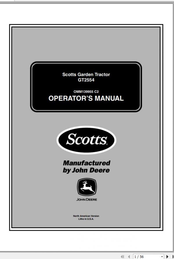 John Deere Scotts Garden Tractor GT2554 Operators Manual OMM139955 C2 2002 1
