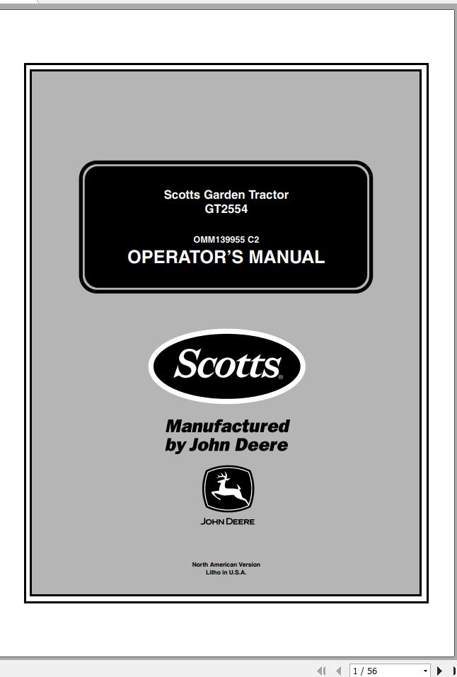 John Deere Scotts Garden Tractor GT2554 Operators Manual OMM139955 C2 2002 1