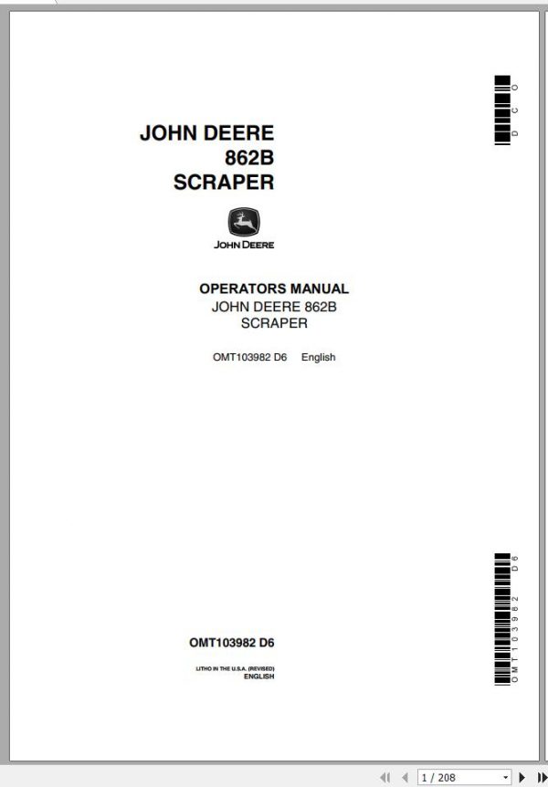 John Deere Scraper 862B Operators Manual OMT103982 D6 1