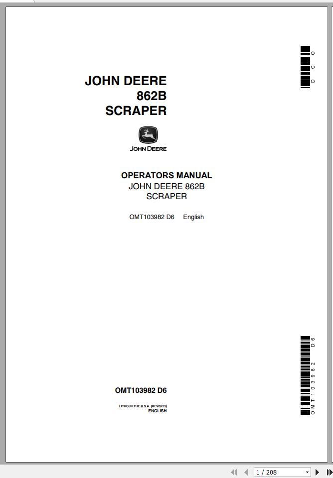 John Deere Scraper 862B Operators Manual OMT103982 D6 1