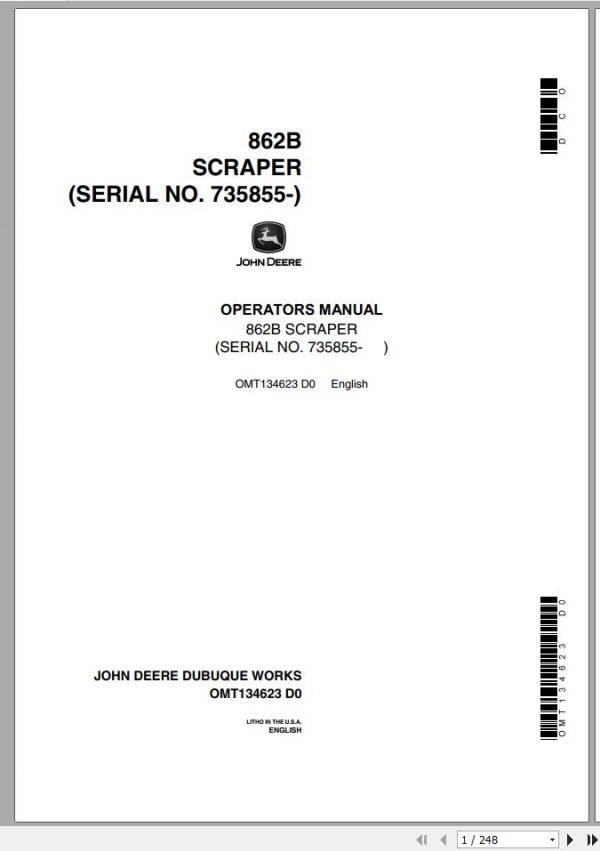 John Deere Scraper 862B SN 735855 Operators Manual OMT134623 D0 1