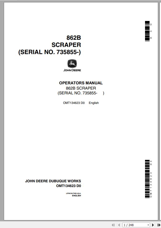John Deere Scraper 862B SN 735855 Operators Manual OMT134623 D0 1