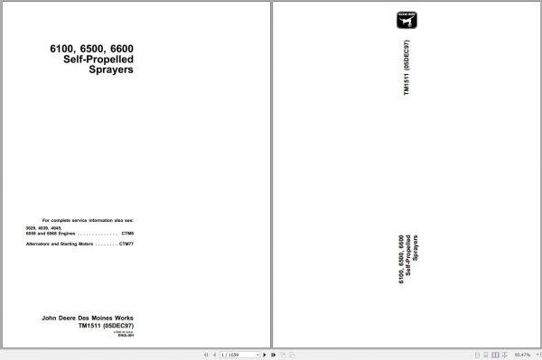 John Deere Self Propelled Sprayers 6100 6500 6600 Technical Manual TM1511 1