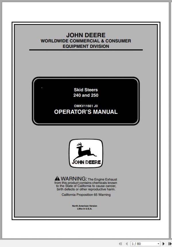 John Deere Skid Steers 240 250 Operators Manual OMKV11661 J0 2000 1