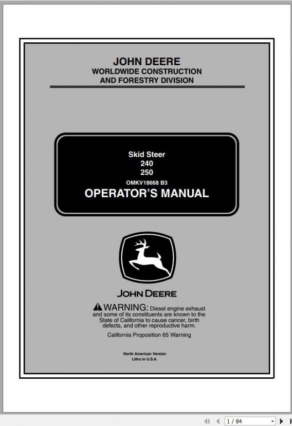 John Deere Skid Steers 240 250 Operators Manual OMKV18668 B3 2003 1