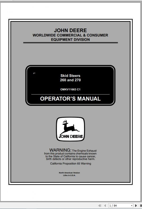John Deere Skid Steers 260 270 160101 170101 Operators Manual OMKV11663 C1 2001 1