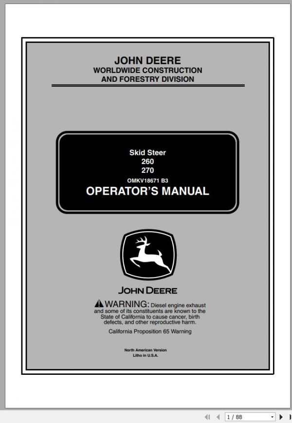 John Deere Skid Steers 260 270 460001 470001 Operators Manual OMKV18671 B3 2003 1