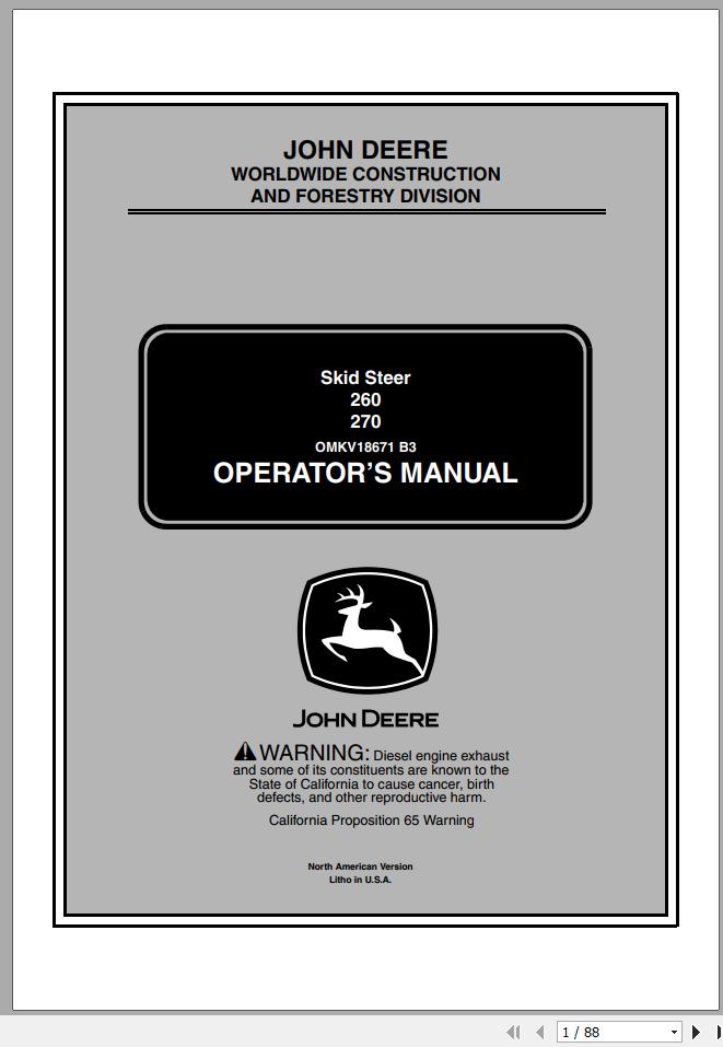 John Deere Skid Steers 260 270 460001 470001 Operators Manual OMKV18671 B3 2003 1