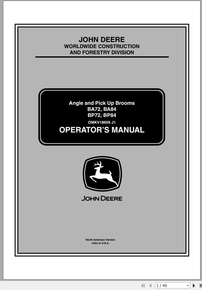 John Deere Skid Steers BA72 BA84 BP72 BP84 Operators Manual OMKV18659 J1 2001 1