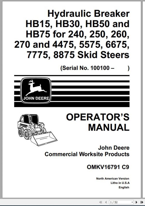 John Deere Skid Steers HB15 HB75 for 240 8875 SN 100100 Operators Manual OMKV16791 C9 1