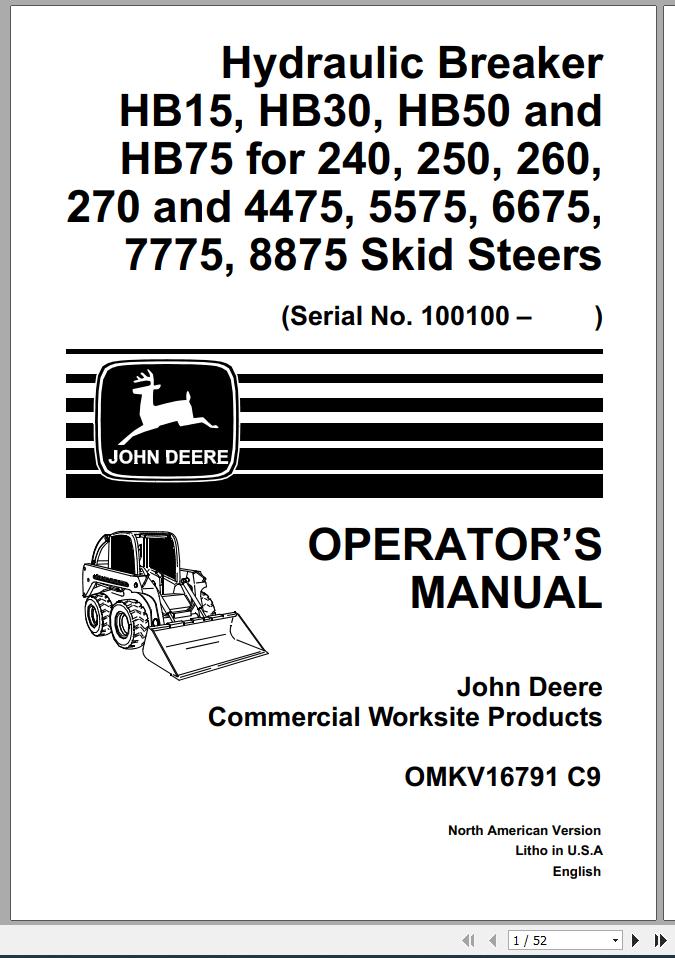 John Deere Skid Steers HB15 HB75 for 240 8875 SN 100100 Operators Manual OMKV16791 C9 1