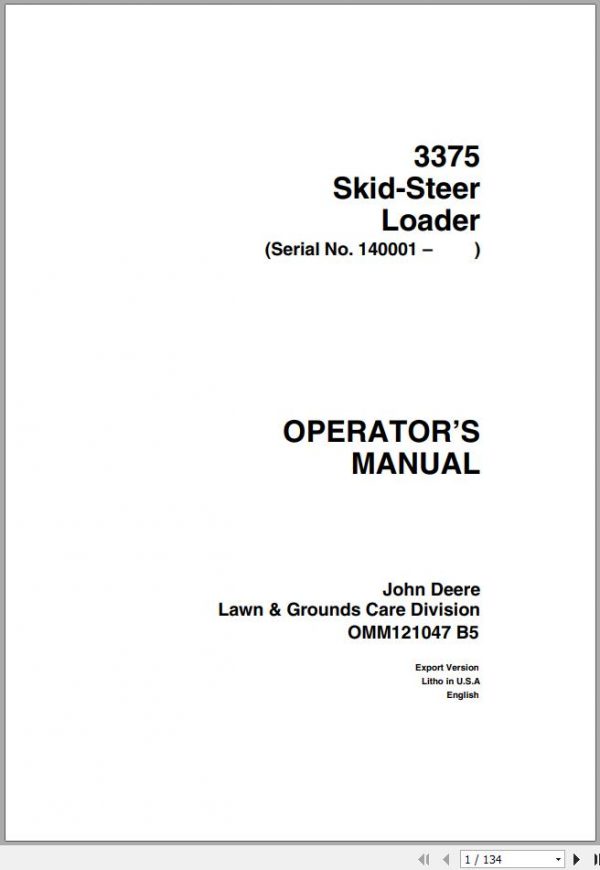 John Deere Skid Steers Loaders 3375 SN 140001 Operators Manual OMM121047 B5 1