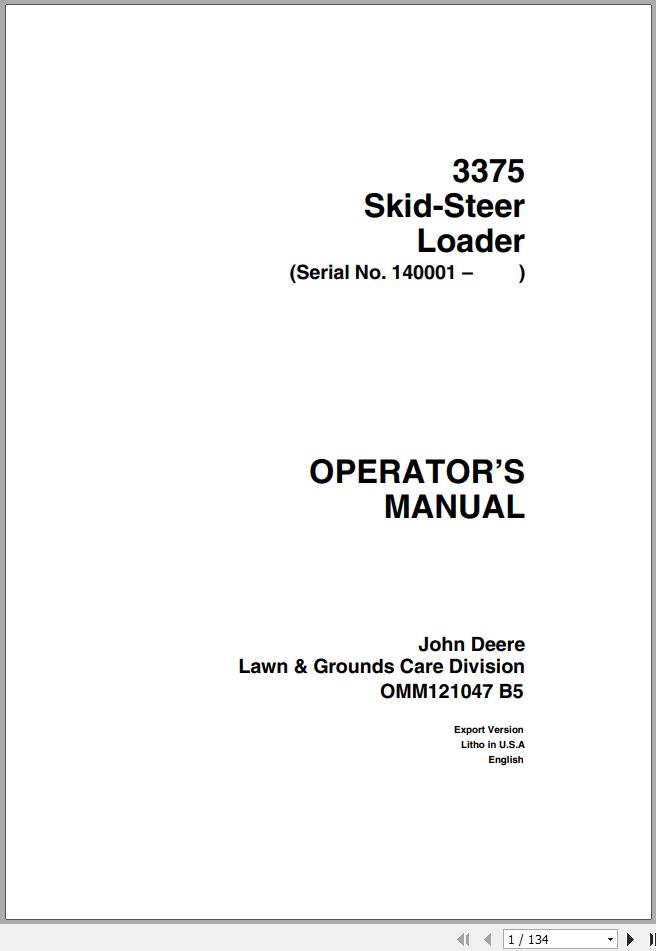 John Deere Skid Steers Loaders 3375 SN 140001 Operators Manual OMM121047 B5 1