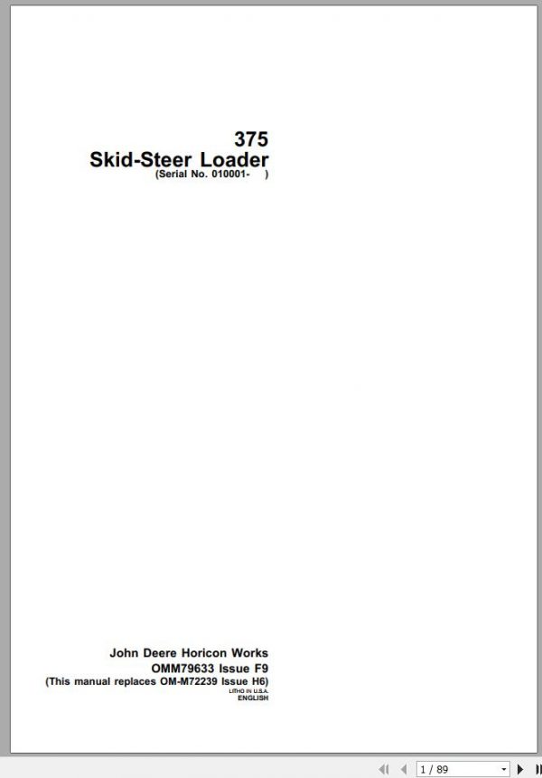John Deere Skid Steers Loaders 375 Operators Manual OMM79633 F9 1