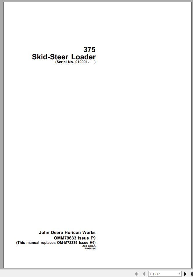 John Deere Skid Steers Loaders 375 Operators Manual OMM79633 F9 1