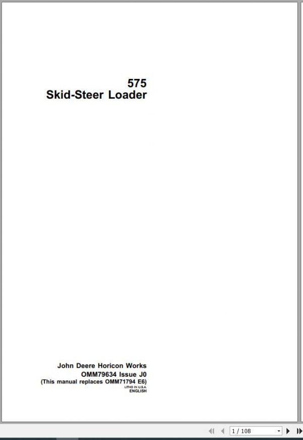John Deere Skid Steers Loaders 575 Operators Manual OMM79634 J0 1