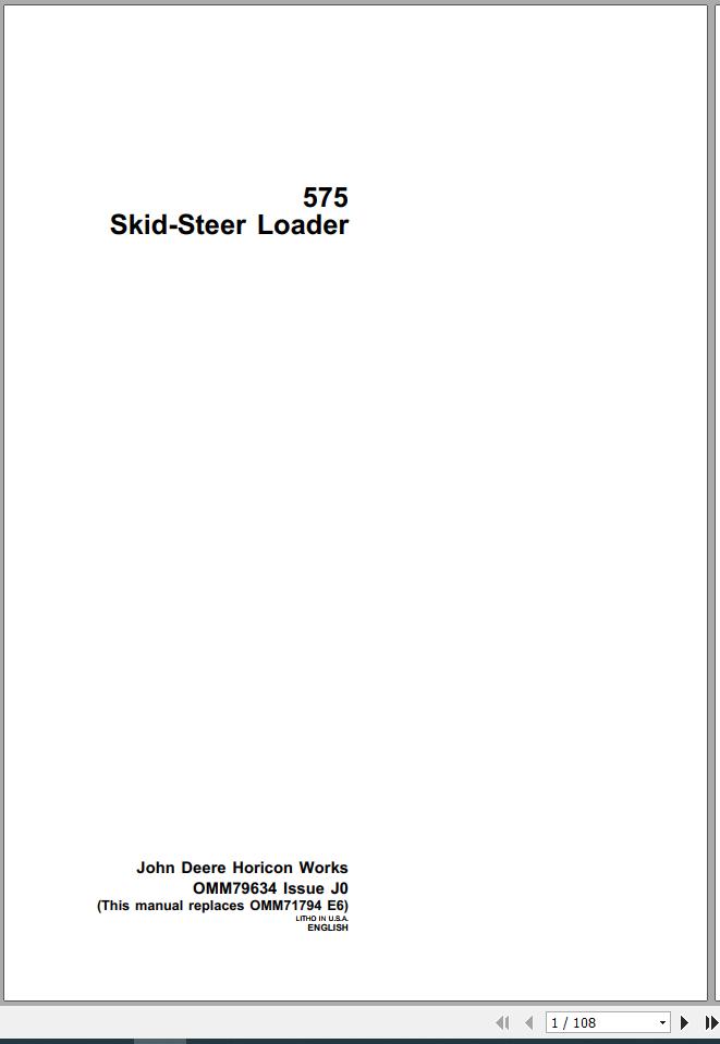 John Deere Skid Steers Loaders 575 Operators Manual OMM79634 J0 1