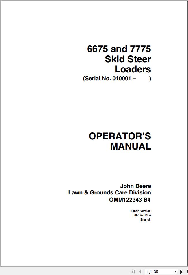 John Deere Skid Steers Loaders 6675 7775 SN 010001 Operators Manual OMM122343 B4 1