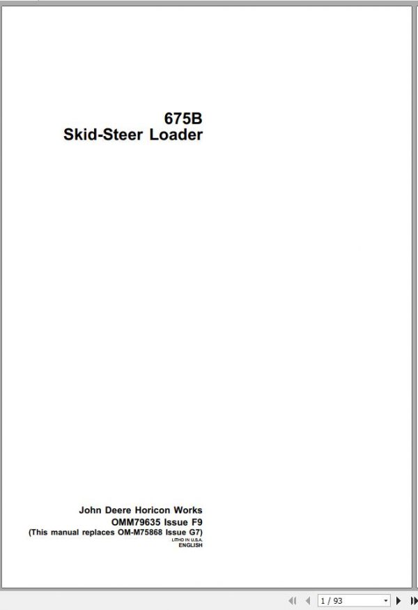 John Deere Skid Steers Loaders 675B Operators Manual OMM79635 F9 1