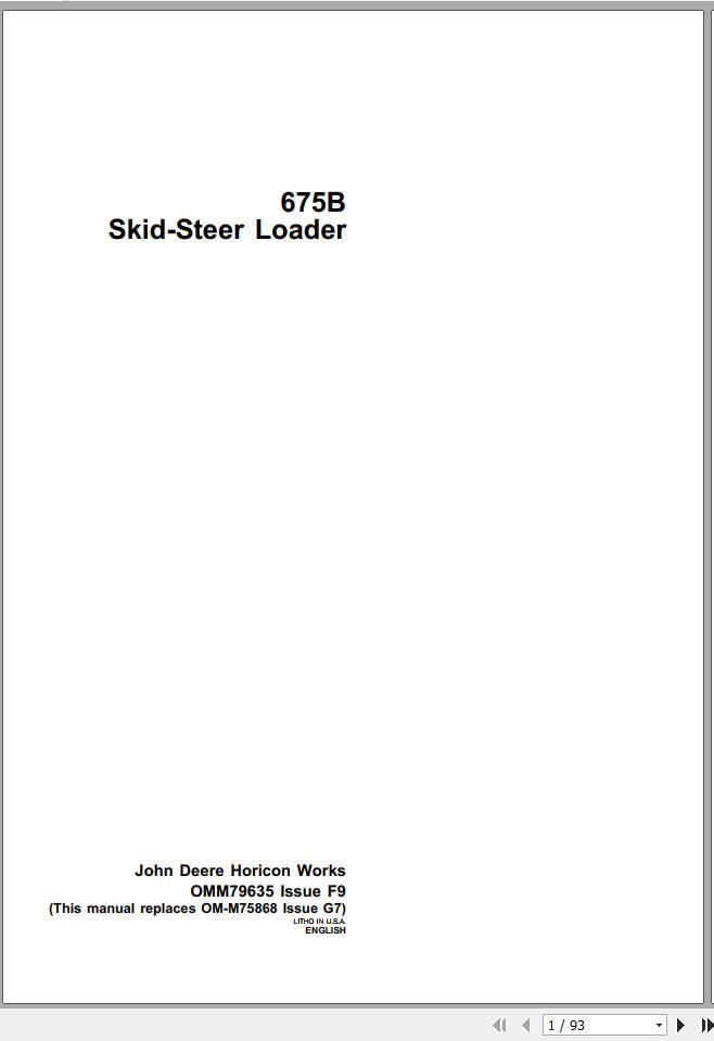 John Deere Skid Steers Loaders 675B Operators Manual OMM79635 F9 1