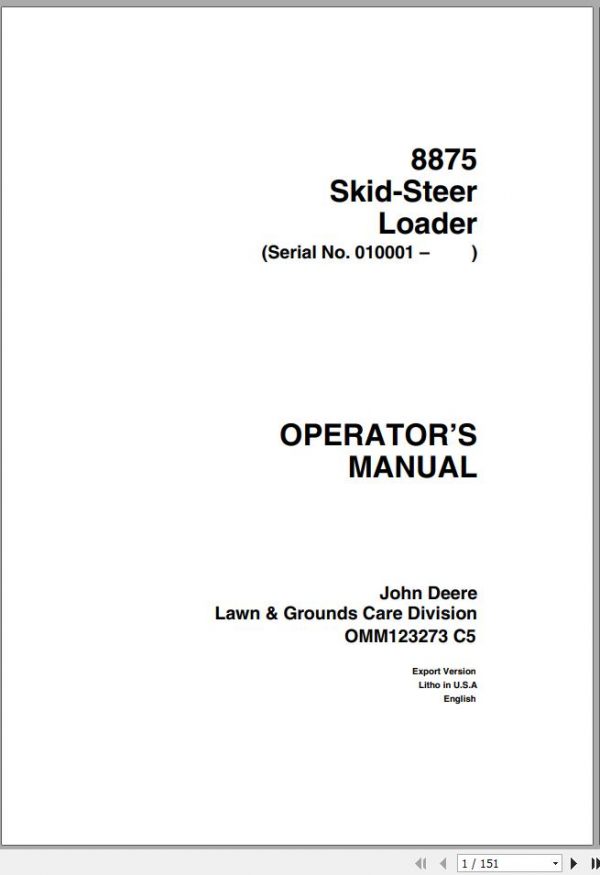 John Deere Skid Steers Loaders 8875 SN 010001 Operators Manual OMM123273 C5 1
