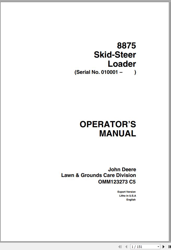 John Deere Skid Steers Loaders 8875 SN 010001 Operators Manual OMM123273 C5 1