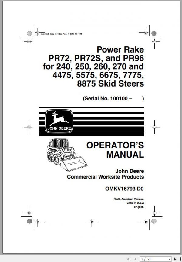John Deere Skid Steers PR72 PR72S PR96 for 240 8875 Operators Manual OMKV16793 D0