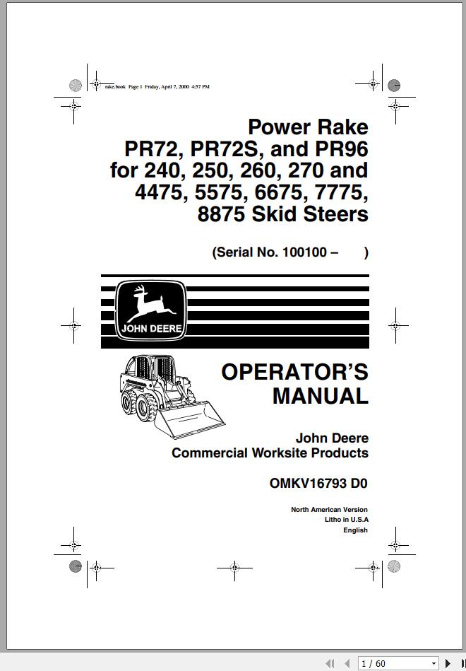 John Deere Skid Steers PR72 PR72S PR96 for 240 8875 Operators Manual OMKV16793 D0