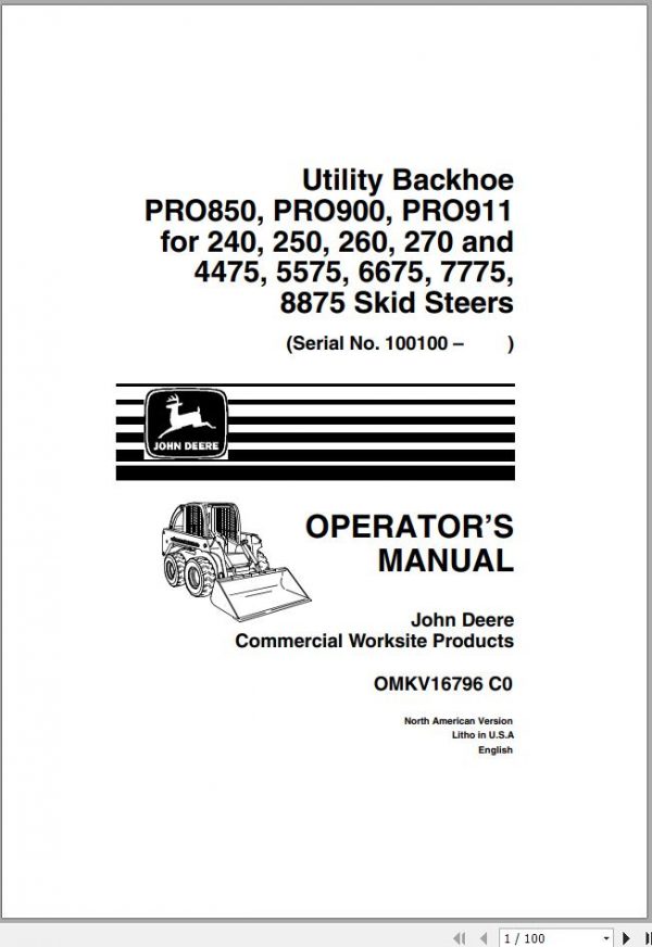 John Deere Skid Steers PRO850 PRO900 PRO911 for 240 8875 Operators Manual OMKV16796 C0 1