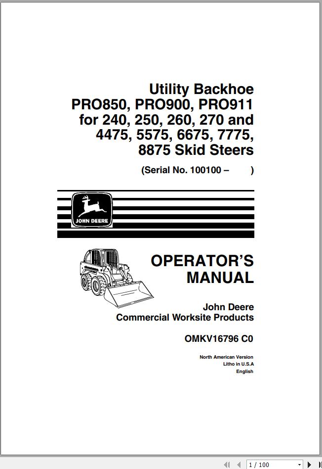 John Deere Skid Steers PRO850 PRO900 PRO911 for 240 8875 Operators Manual OMKV16796 C0 1