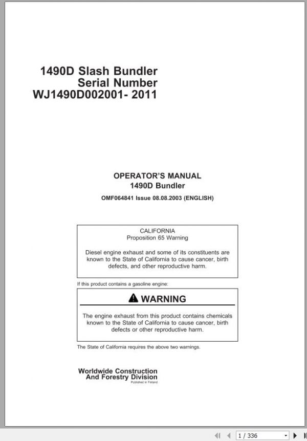 John Deere Slash Bundler 1490D Operators Manual OMF064841 2003 1